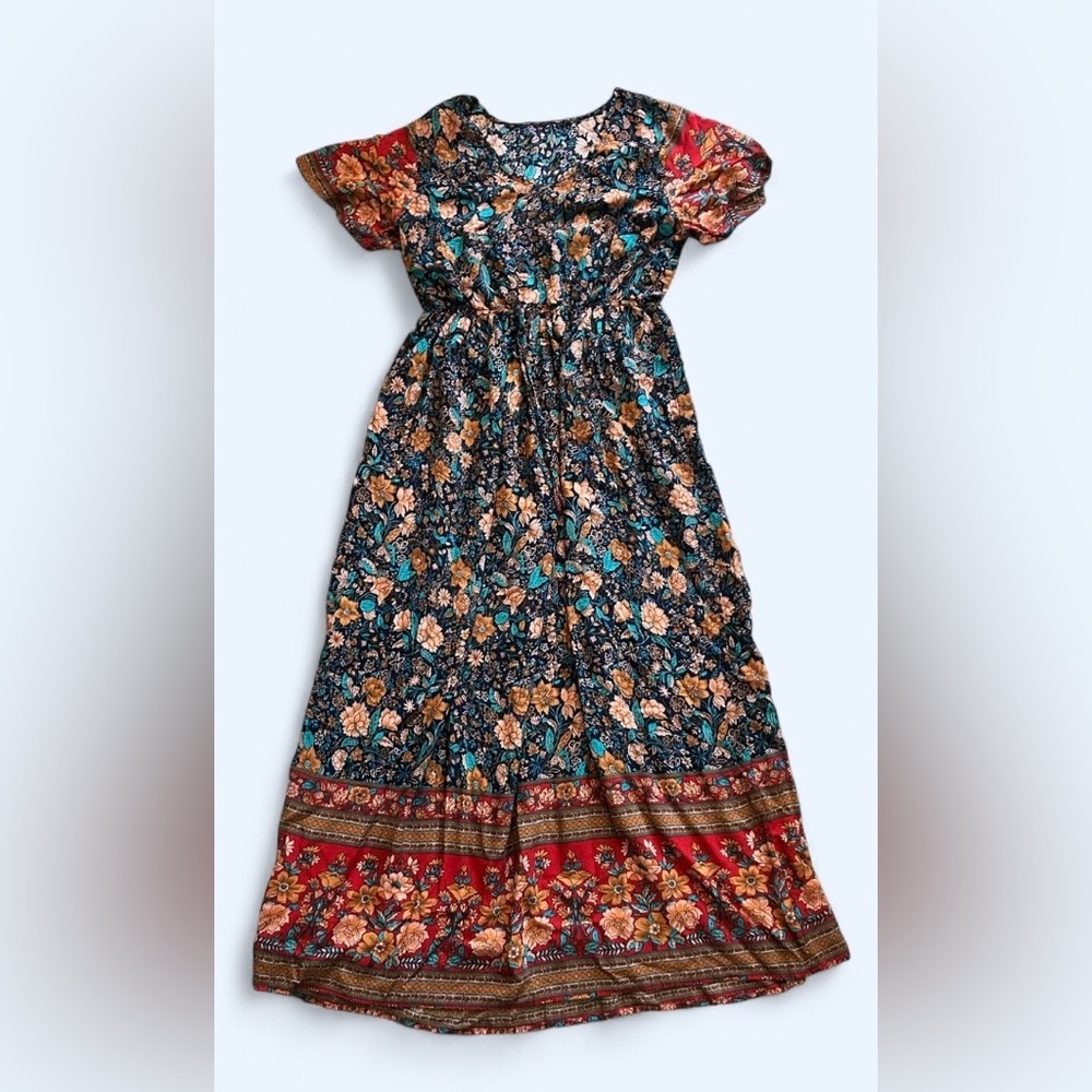 SHEIN Boho Floral Maxi Dress | Short Sleeve Border Print | Size M